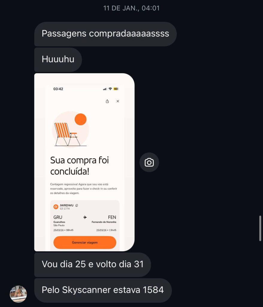 Print de conversa: passagens compradas mais baratas que no Skyscanner